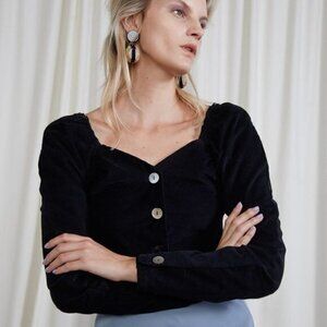 Ovna Ovich Virginia Corduroy Button Front Gigot Sleeve Top Size Small Black